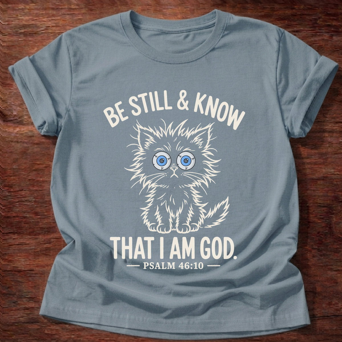 Stone Blue t-shirt printed with a wide-eyed kitten sitting still graphic and 'Be still & know. That I am God.' Psalm 46:10 faith based gift
