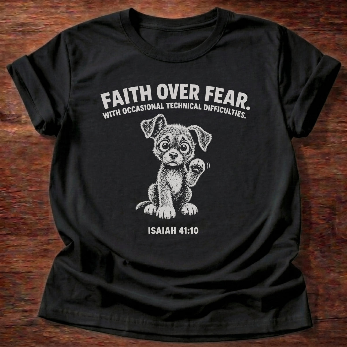 Black t-shirt with a dog illustration reading 'Faith over fear, with occasional technical difficulties' Isaiah 41:10 shirt