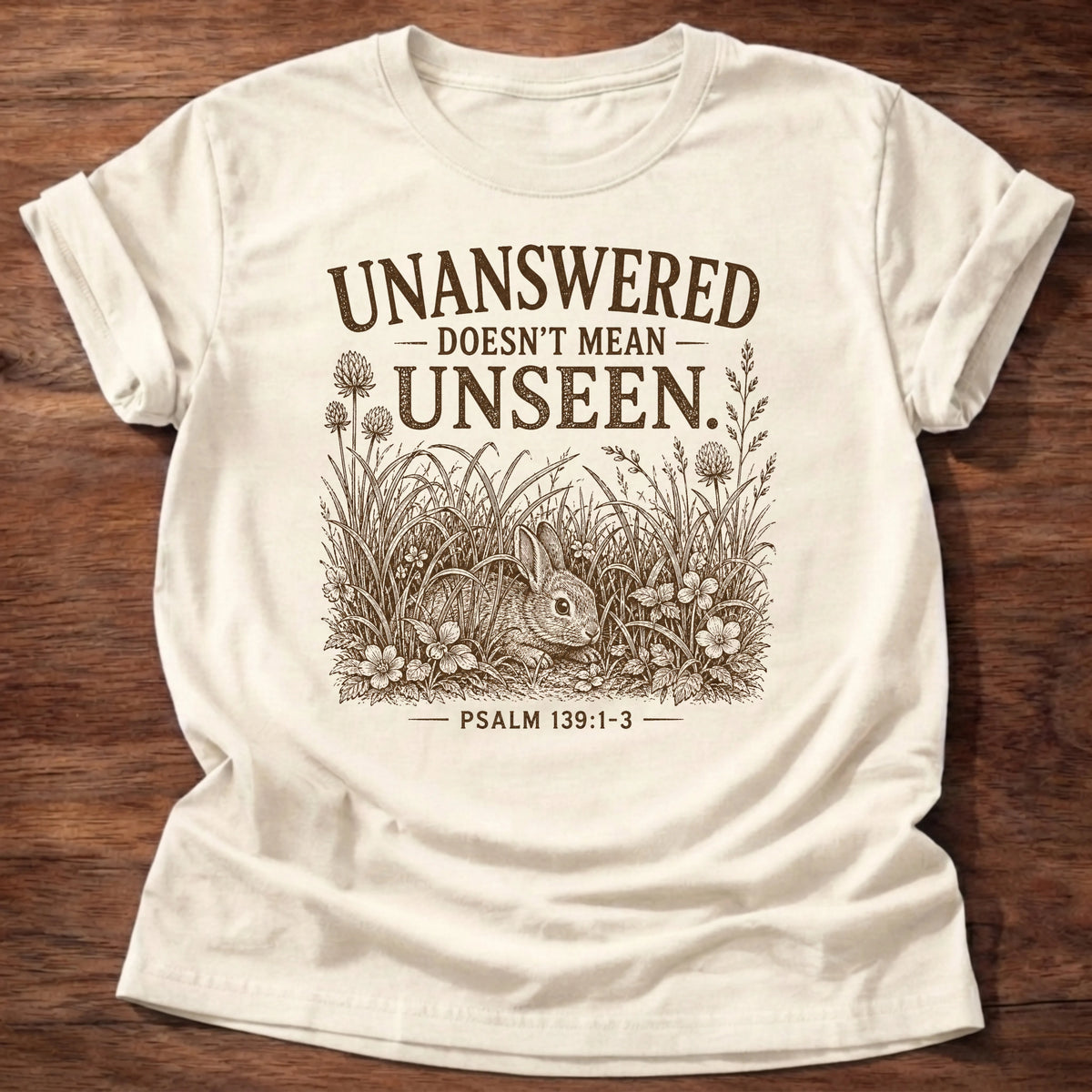 Natural colored t-shirt with rabbit illustration reading 'Unanswered doesn't mean unseen' Psalm 139 shirt