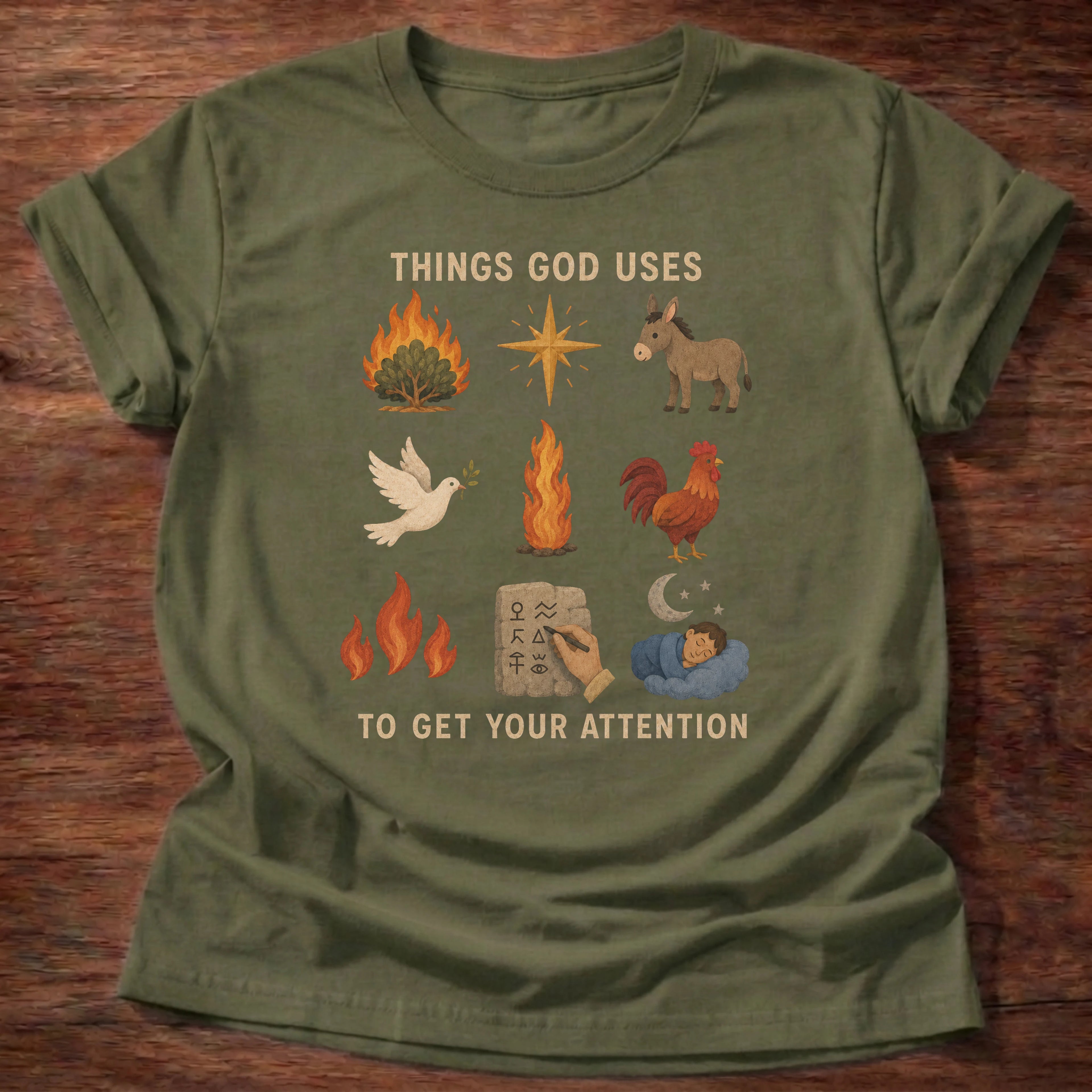 Military green t-shirt reading 'Things God uses to get your attention,' a scripture icons Christian humor tee